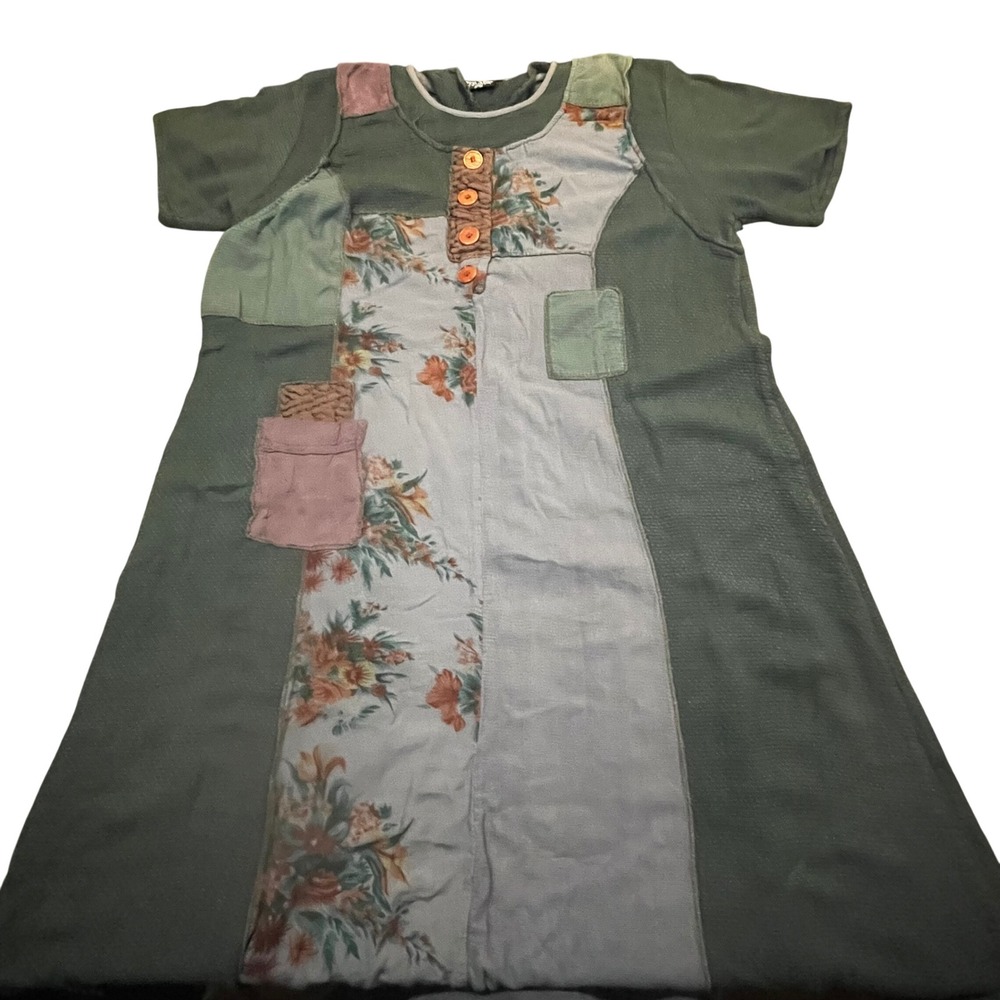 Jewel Queen Mixed Media Patchwork Floral Midi Dress Green Boho Rayon Womens XL